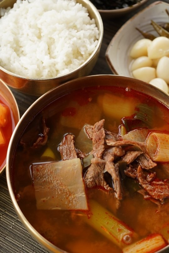 가까이 본 한우국밥 — 큼직한 파와 무, 소고기, 위에 밥